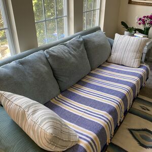 Pottery Barn Handwoven Throw Blanket 66x66”Navy Striped Modern Farmhouse Coastal